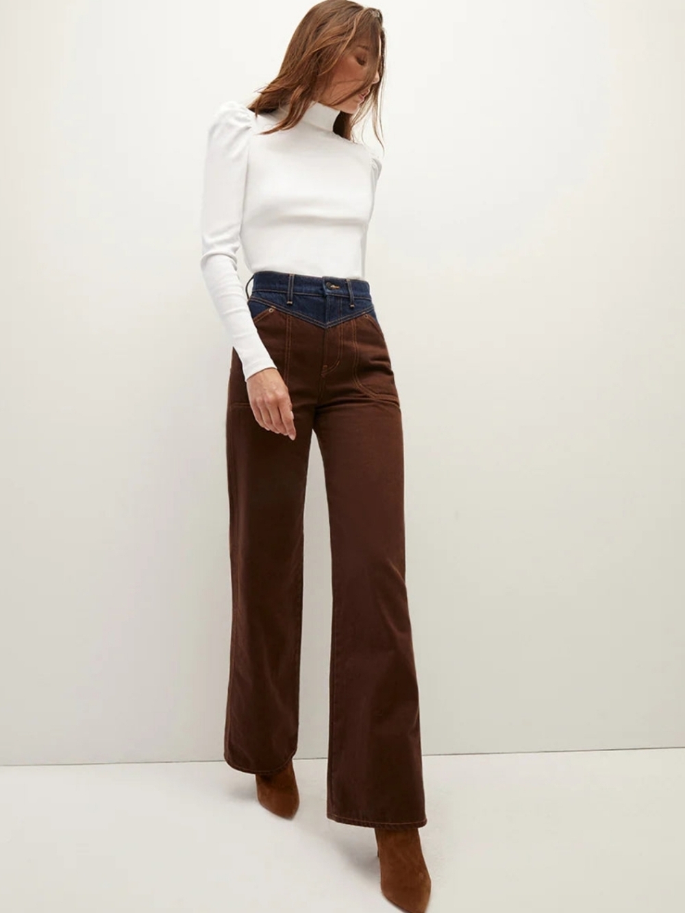 Veronica Beard Taylor Relaxed Wide Leg High Rise Jeans Two Tone Lasso Colorblock